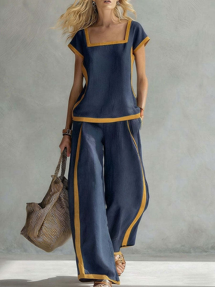 Charcoal gray linen two-piece set with square neckline and matching wide-leg pants