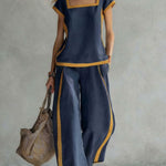Charcoal gray linen two-piece set with square neckline and matching wide-leg pants