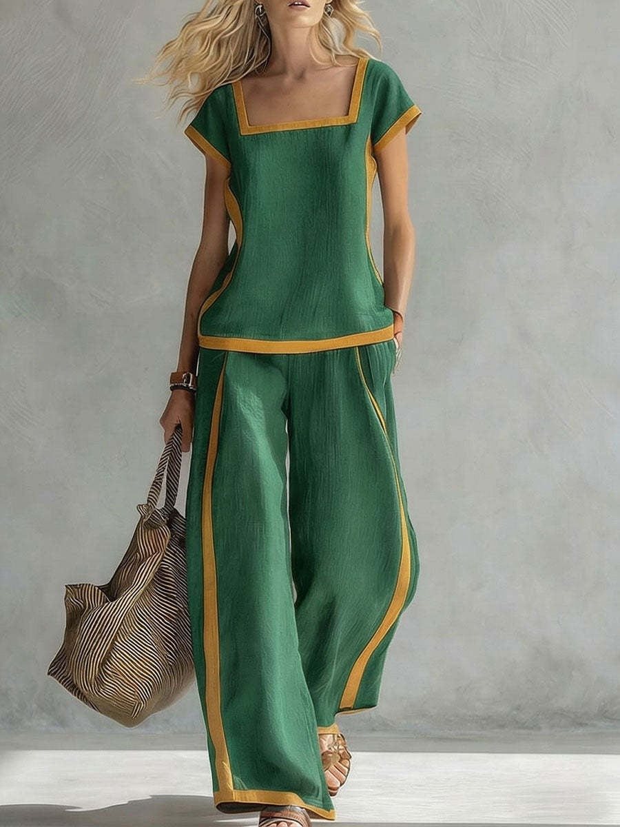 Green linen two-piece set with square neckline and matching wide-leg pants