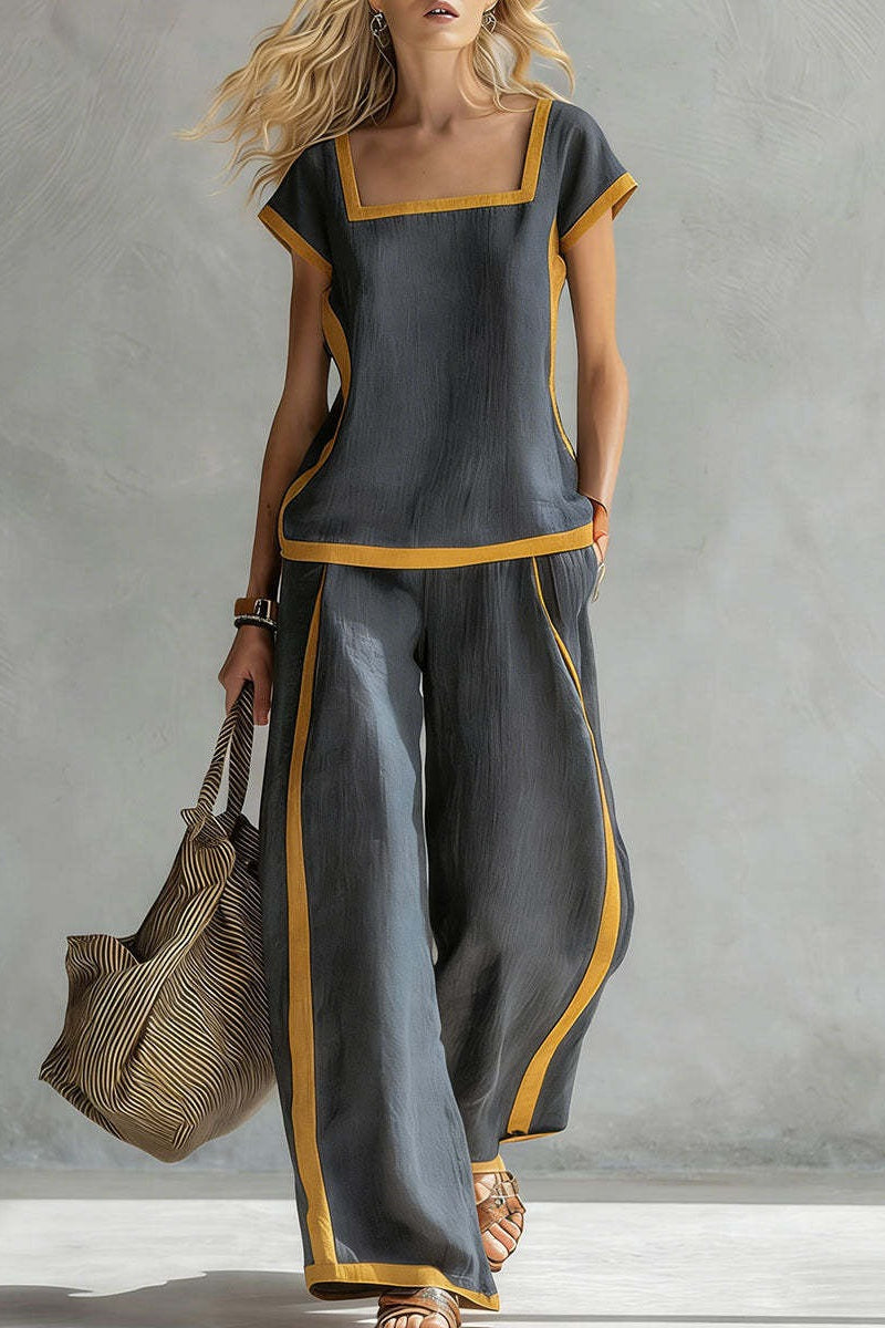 Black linen two-piece set with square neckline and matching wide-leg pants