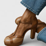 Eva comfort high-heel pumps brown with t-strap, buckle, and chunky heel platform