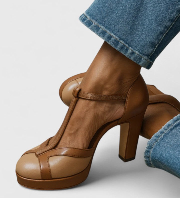 Eva comfort high-heel pumps brown with t-strap, buckle, and chunky heel platform