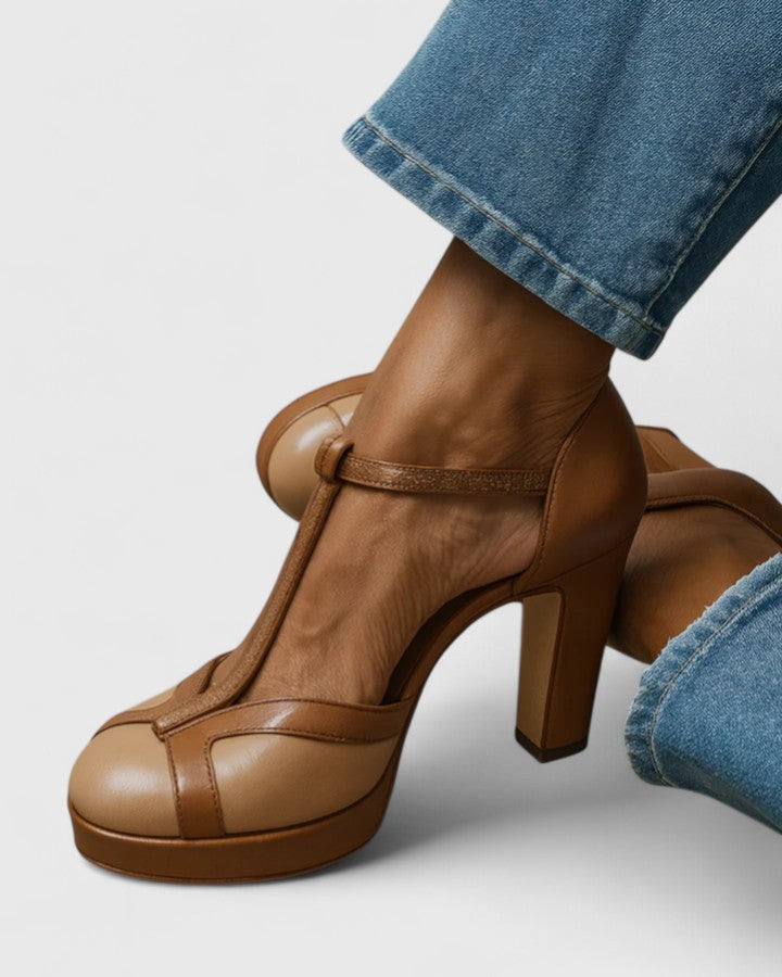 Eva comfort high-heel pumps brown with t-strap, buckle, and chunky heel platform
