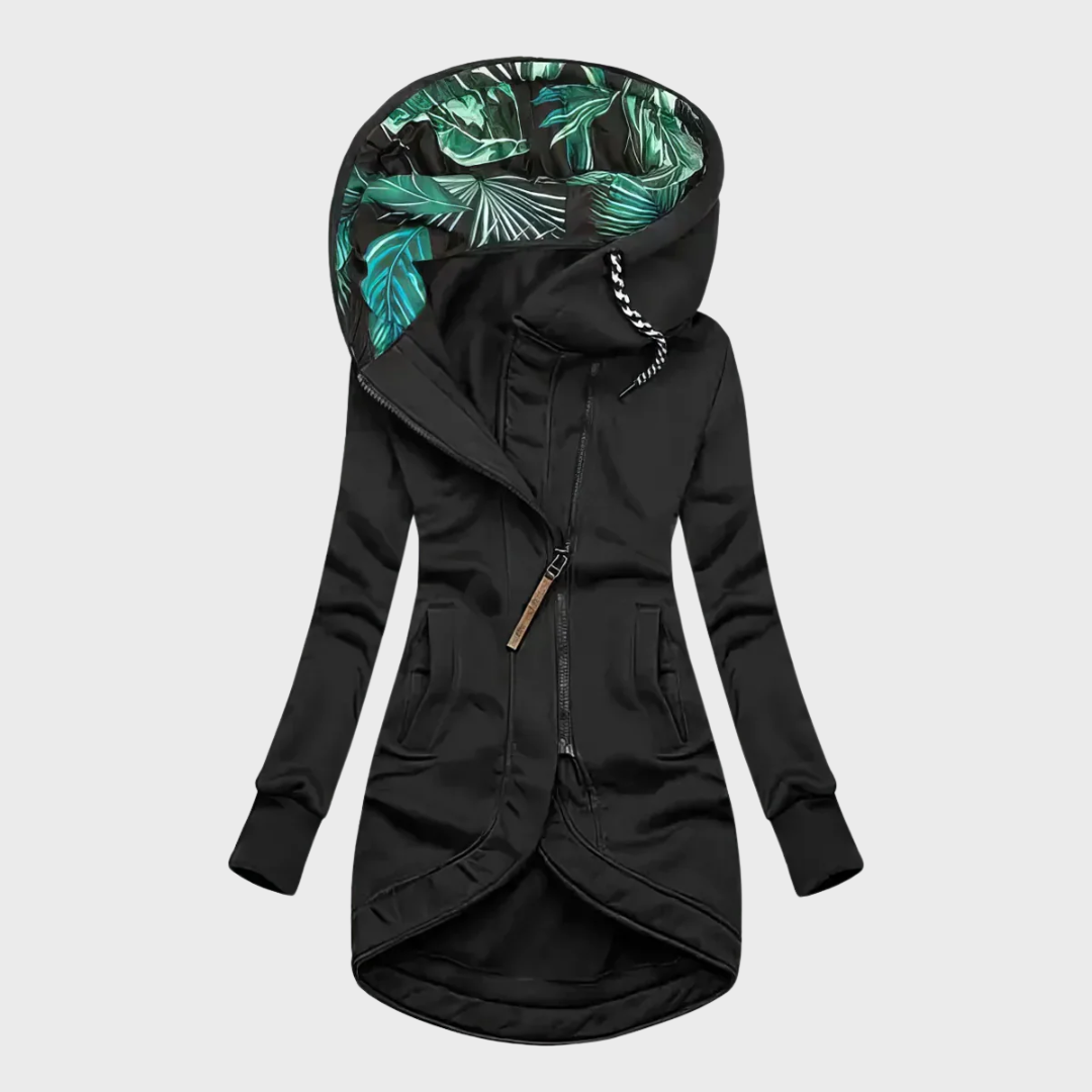 Black winter parka with hood, full zipper, side pockets, and teal-pattern hood lining