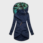 Navy blue winter parka with hood, full zipper, side pockets, and teal-pattern hood lining