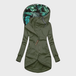 Olive green winter parka with hood, full zipper, side pockets, and teal-pattern hood lining