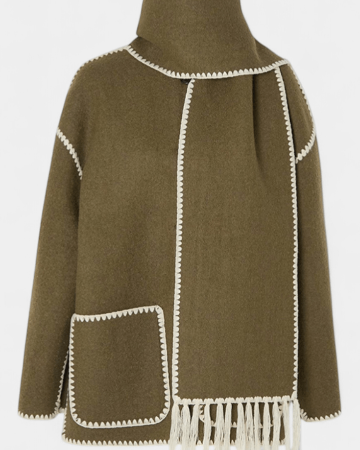 Olive green wool coat with integrated scarf, white contrast trim, front patch pocket and fringe