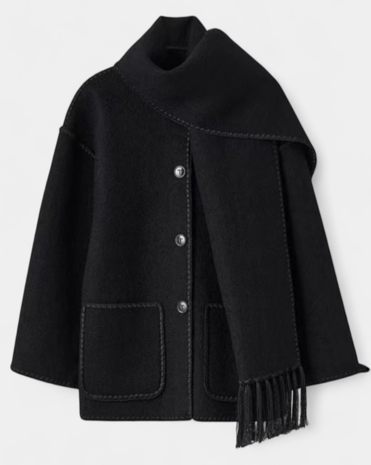 Black wool coat with integrated scarf, button front, square flap pockets and fringed hem