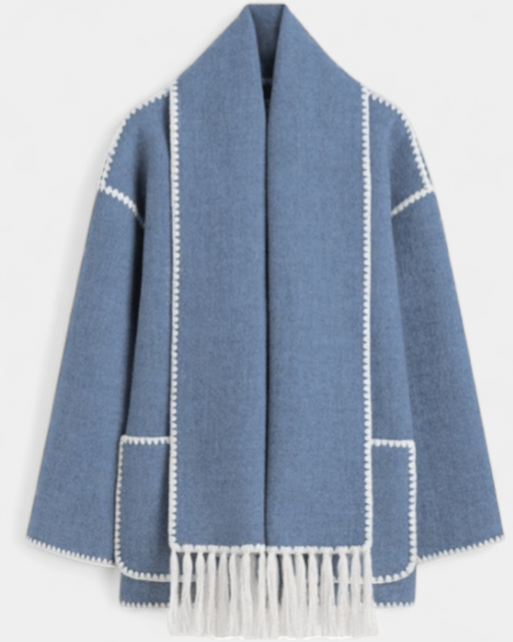 Women’s coat with integrated scarf, blue with white trim and fringe hem