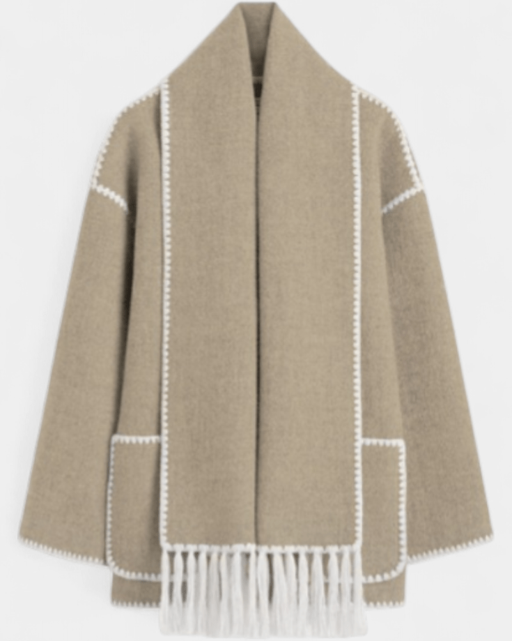 Women’s coat with integrated scarf, beige with white trim and fringe hem