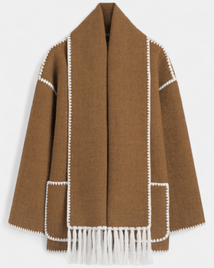 Women’s coat with integrated scarf, brown with white trim and fringe hem