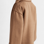 Camel brown wool coat with integrated scarf panel, loose fit, side seam details