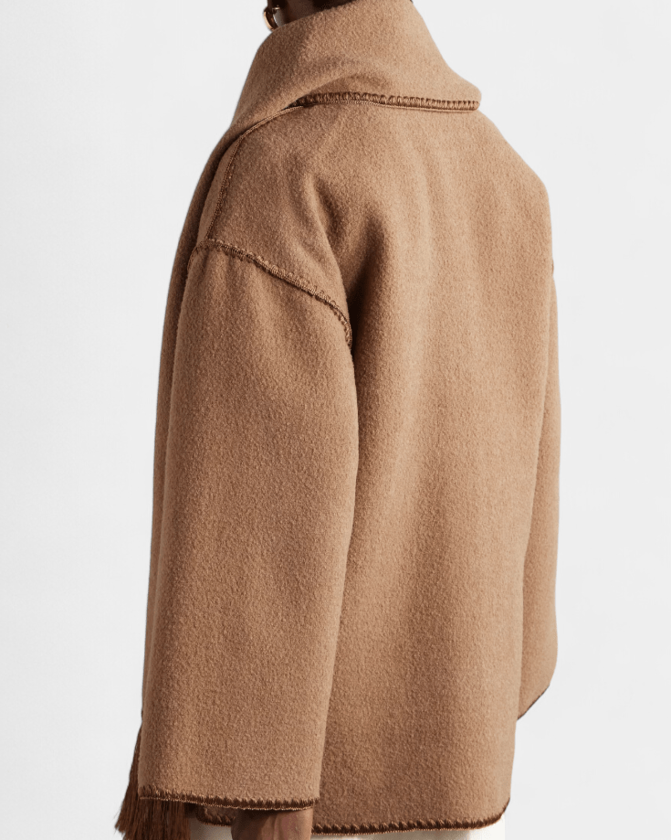 Camel brown wool coat with integrated scarf panel, loose fit, side seam details
