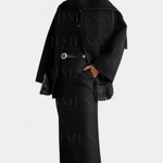 Black wool coat with integrated scarf, front buttons, contrast trim and fringe