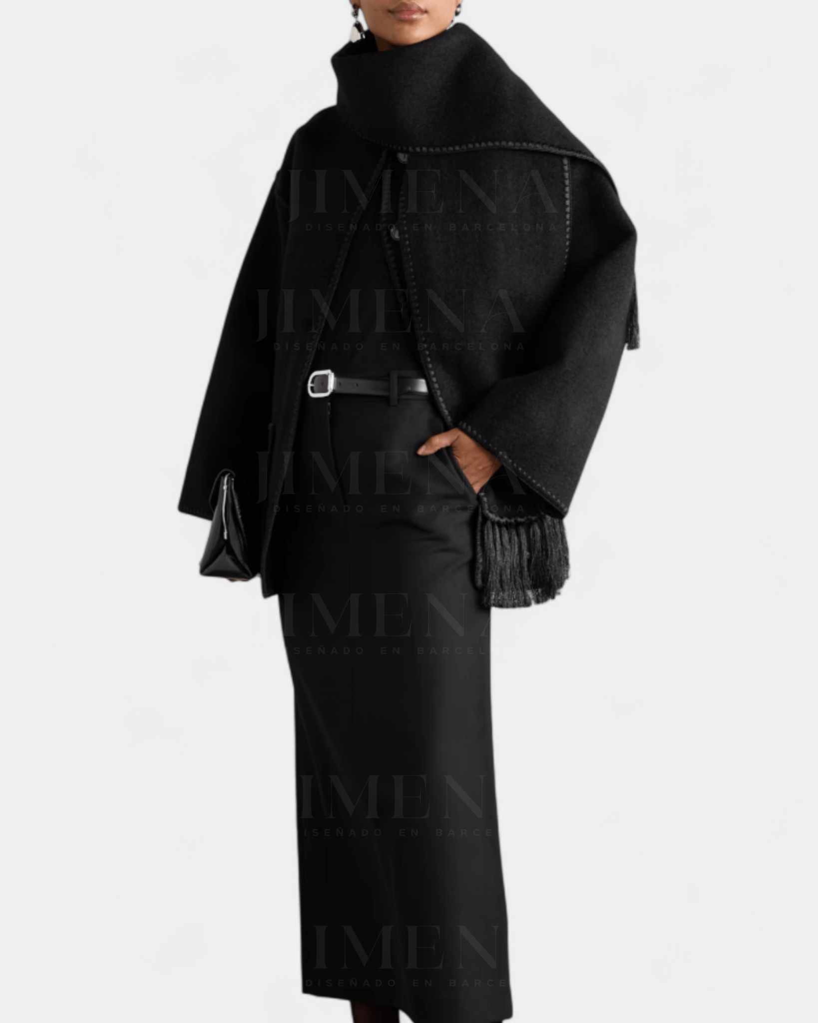 Black wool coat with integrated scarf, front buttons, contrast trim and fringe