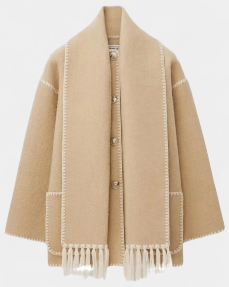 Beige wool coat with integrated scarf, front buttons, white contrast borders and fringed hem