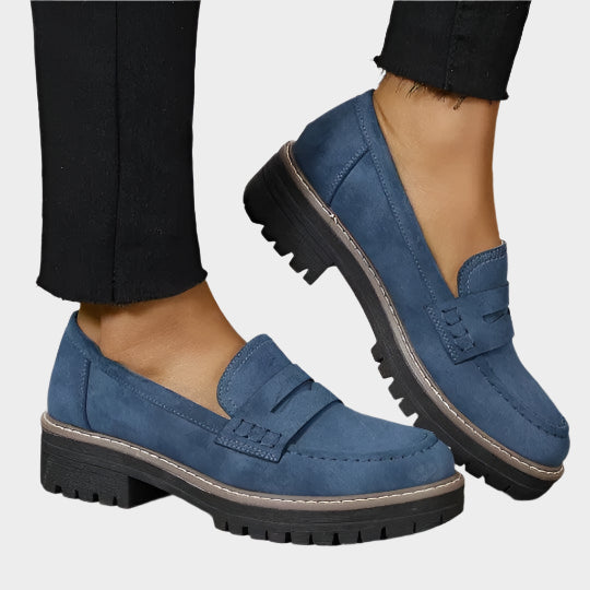 Blue suede moccasin loafers with chunky lug sole and strap detail