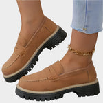Tan brown chunky-sole loafer moccasin with front strap and thick outsole