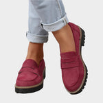 Burgundy suede moccasin loafers with chunky lug sole and strap detail
