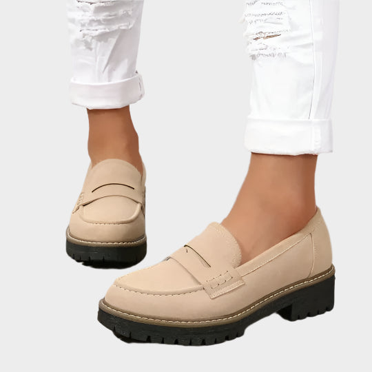 Sand beige chunky-sole loafer moccasin with front strap and grippy tread sole