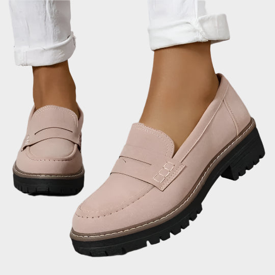 Light pink suede moccasin loafers with chunky lug sole and strap detail