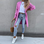 Long purple knit cardigan with open front and side pockets, full front view