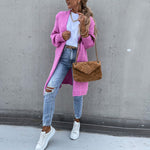 Long knit cardigan in bright pink with open front and ribbed cuffs, side hem