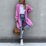 Long bright-pink knit cardigan with open front and ribbed hem and cuffs