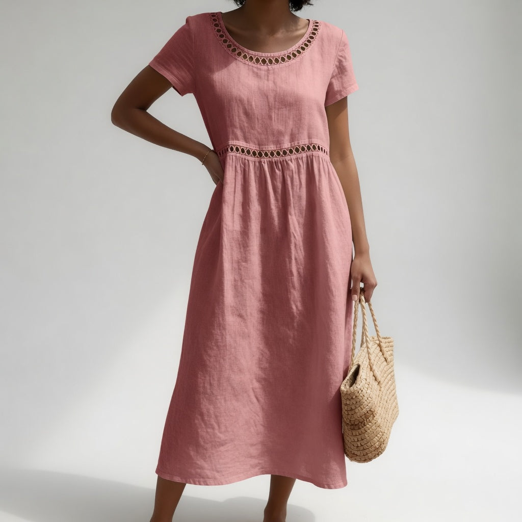 Dusty rose embroidered midi dress with round eyelet-trim neckline and short sleeves