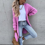 Long purple knit cardigan with open front and side pockets, relaxed fit