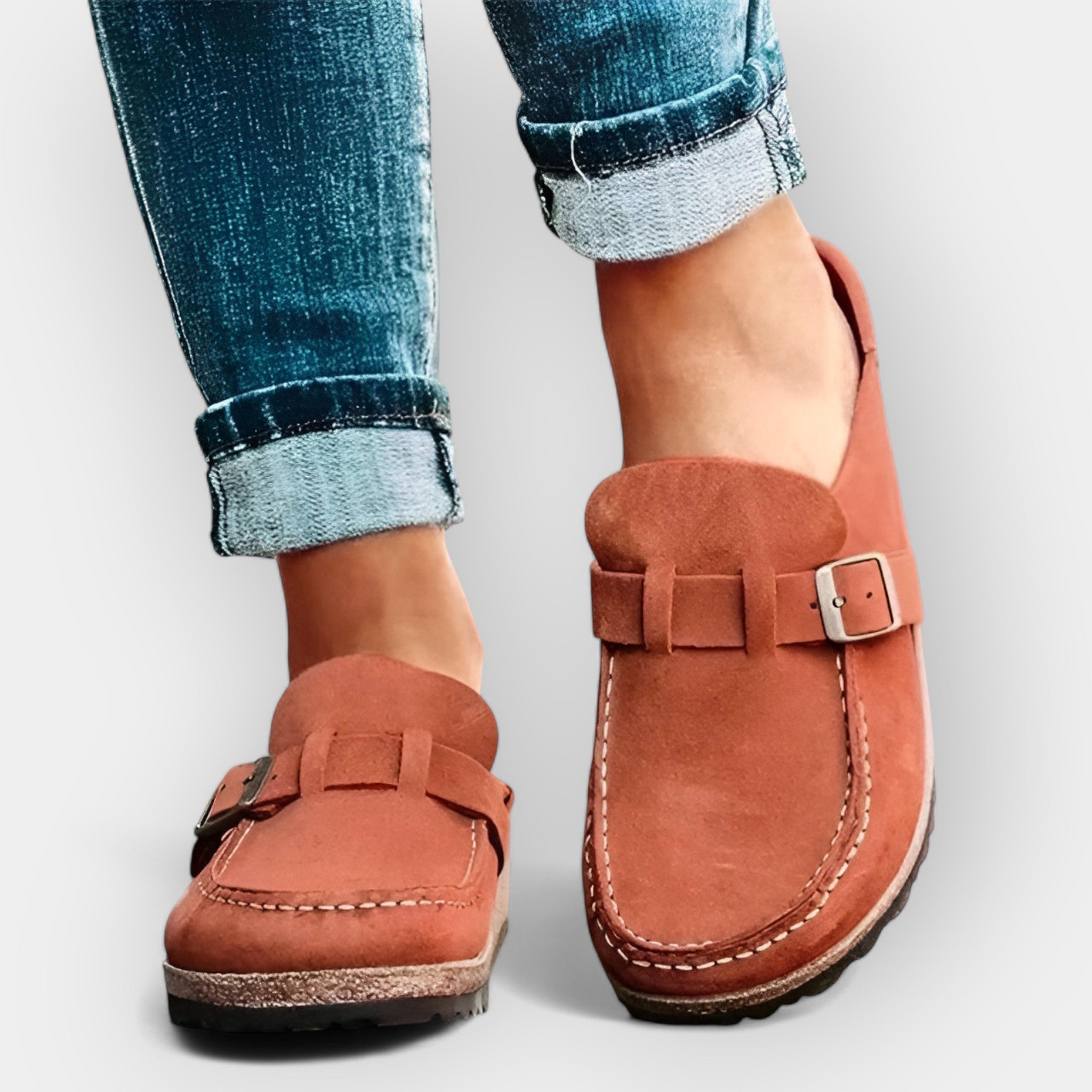 Terracotta buckle-strap slip-on sandals with stitched sole