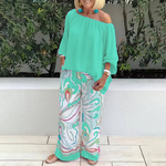 Teal off-shoulder peasant top and wide-leg printed pants two-piece set