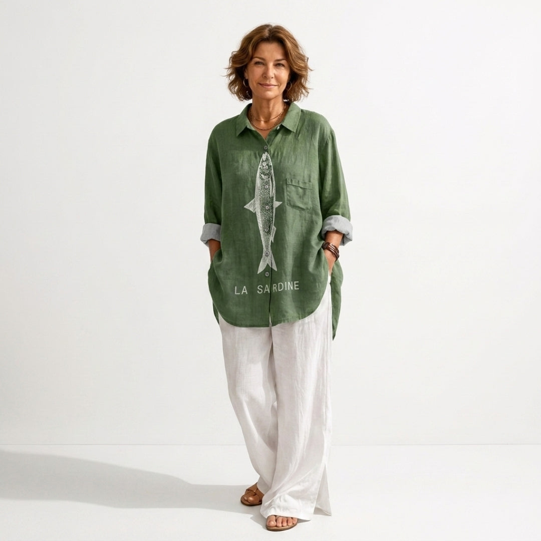 Green button-front shirt with fish graphic, chest pocket, loose relaxed fit