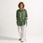 Green button-front shirt with fish graphic, chest pocket, loose relaxed fit
