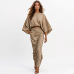 Khaki linen-look two-piece set with loose batwing blouse and draped maxi skirt