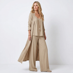 Taupe 3-piece set with long duster, layered top, and wide-leg trousers.