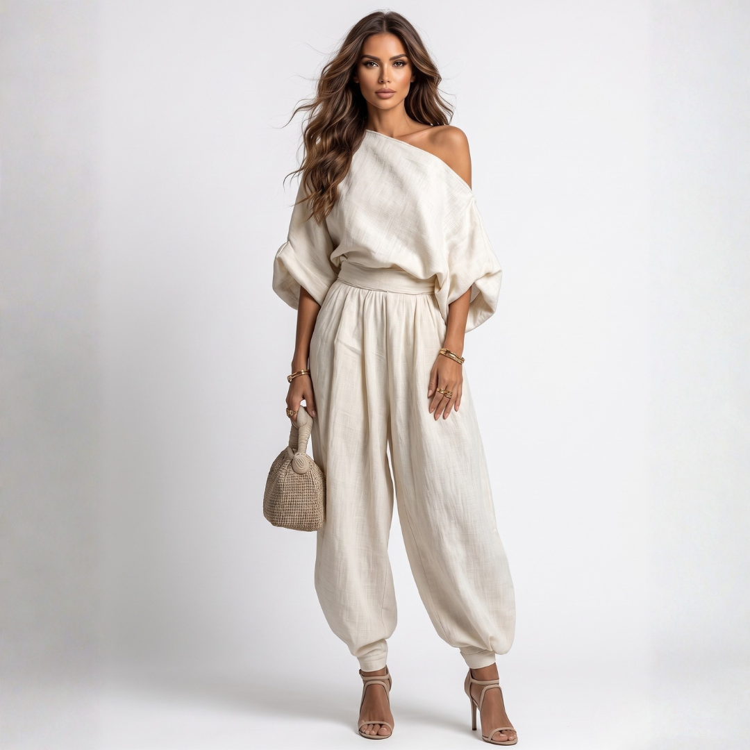Selene cream off-shoulder blouse and wide-leg jogger pants set, belted waist