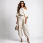 Selene cream off-shoulder blouse and wide-leg jogger pants set, belted waist