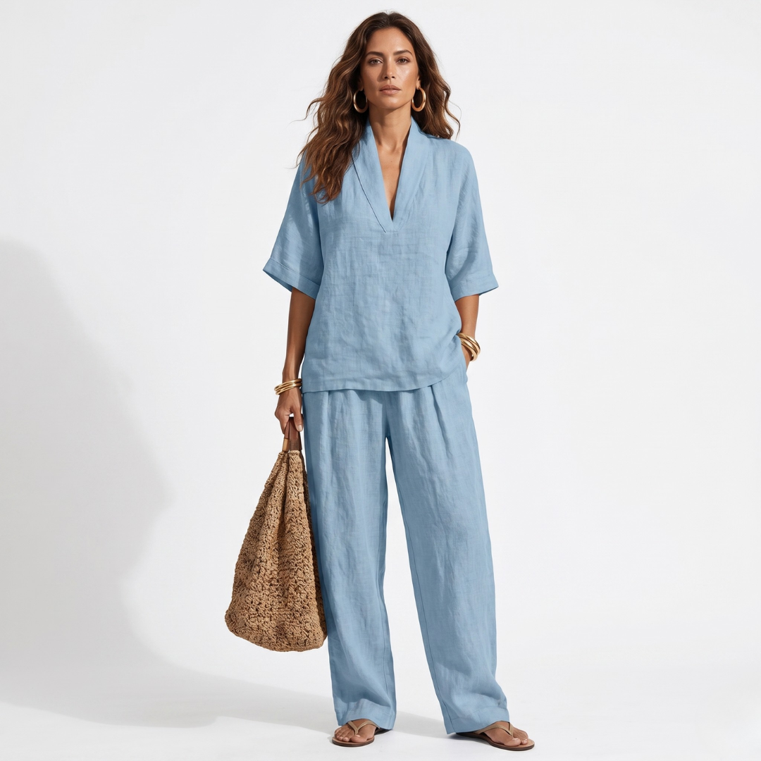 Light blue women’s two-piece set, V-neck short-sleeve tunic top and wide-leg pants