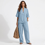 Light blue women’s two-piece set, V-neck short-sleeve tunic top and wide-leg pants