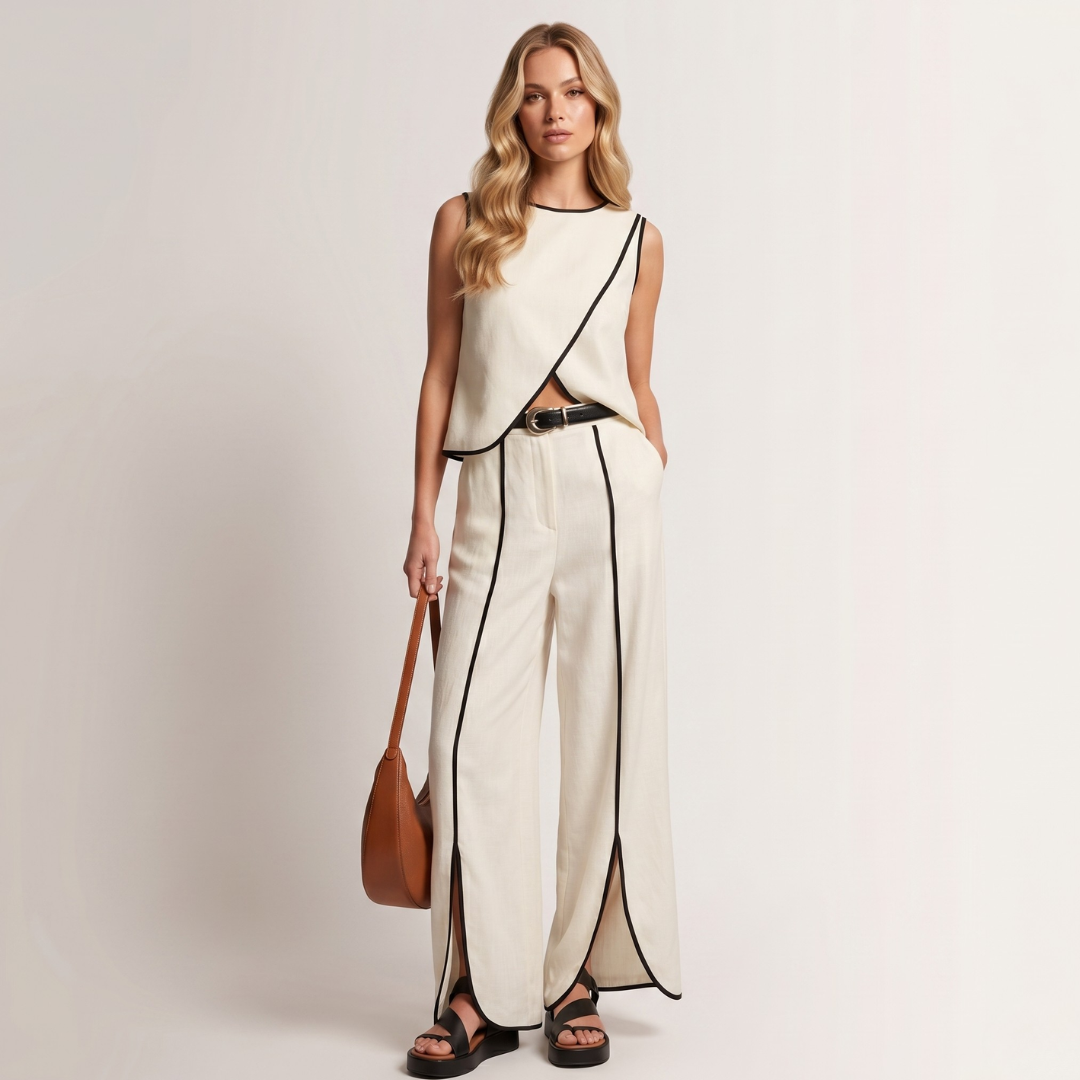 Women's white sleeveless top and wide-leg pants set with black piping and belt