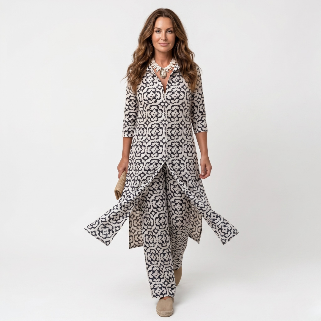 Button-front patterned tunic and ankle pants set, 3/4 sleeves, dark and white print