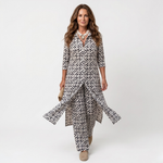 Button-front patterned tunic and ankle pants set, 3/4 sleeves, dark and white print