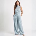 Rhea light blue sleeveless blouse and wide-leg trousers set with waist tie