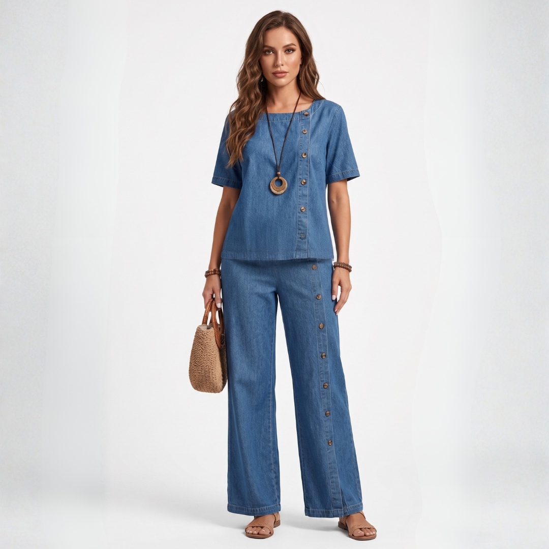 Blue denim two-piece set with short-sleeve button-up top and wide-leg pants