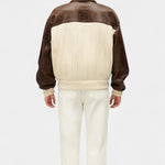Back view of color-block knit jacket with cream center ribbing and brown sleeves