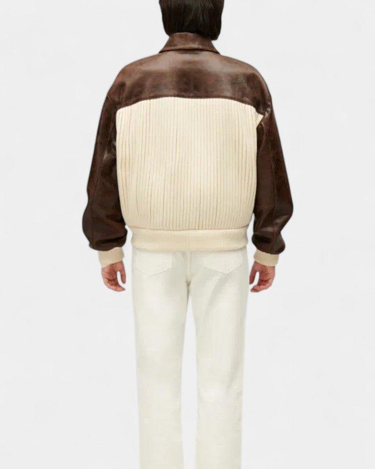 Back view of color-block knit jacket with cream center ribbing and brown sleeves