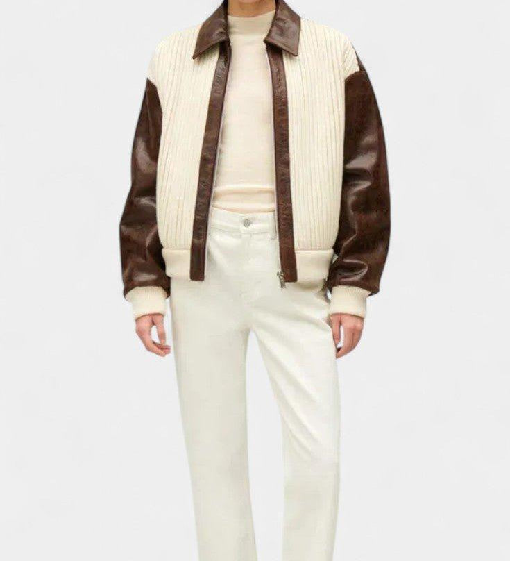 Color-block knit jacket with brown sleeves, cream body, and zip front panel