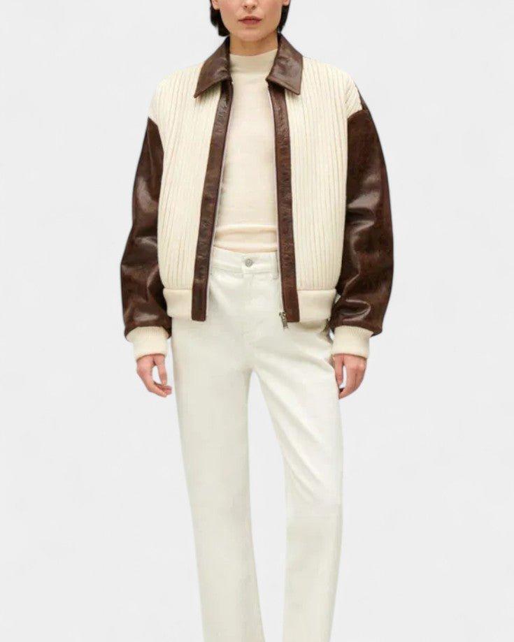 Color-block knit jacket with brown sleeves, cream body, and zip front panel