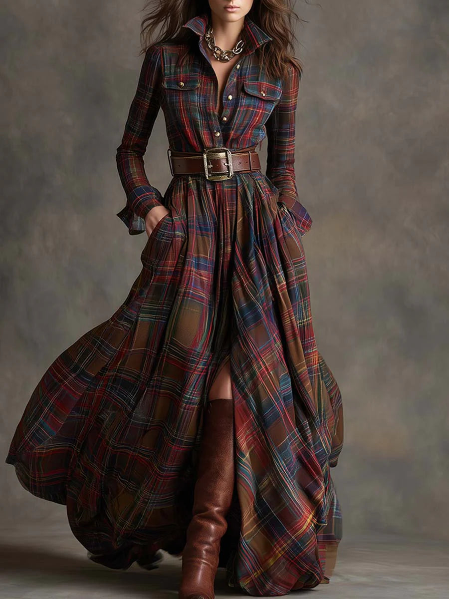 Plaid long-sleeve maxi dress with belted waist and front slit
